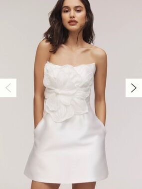 By Watters Brie Strapless White Mini Embellished Dress with Pearl Floral Appliqu